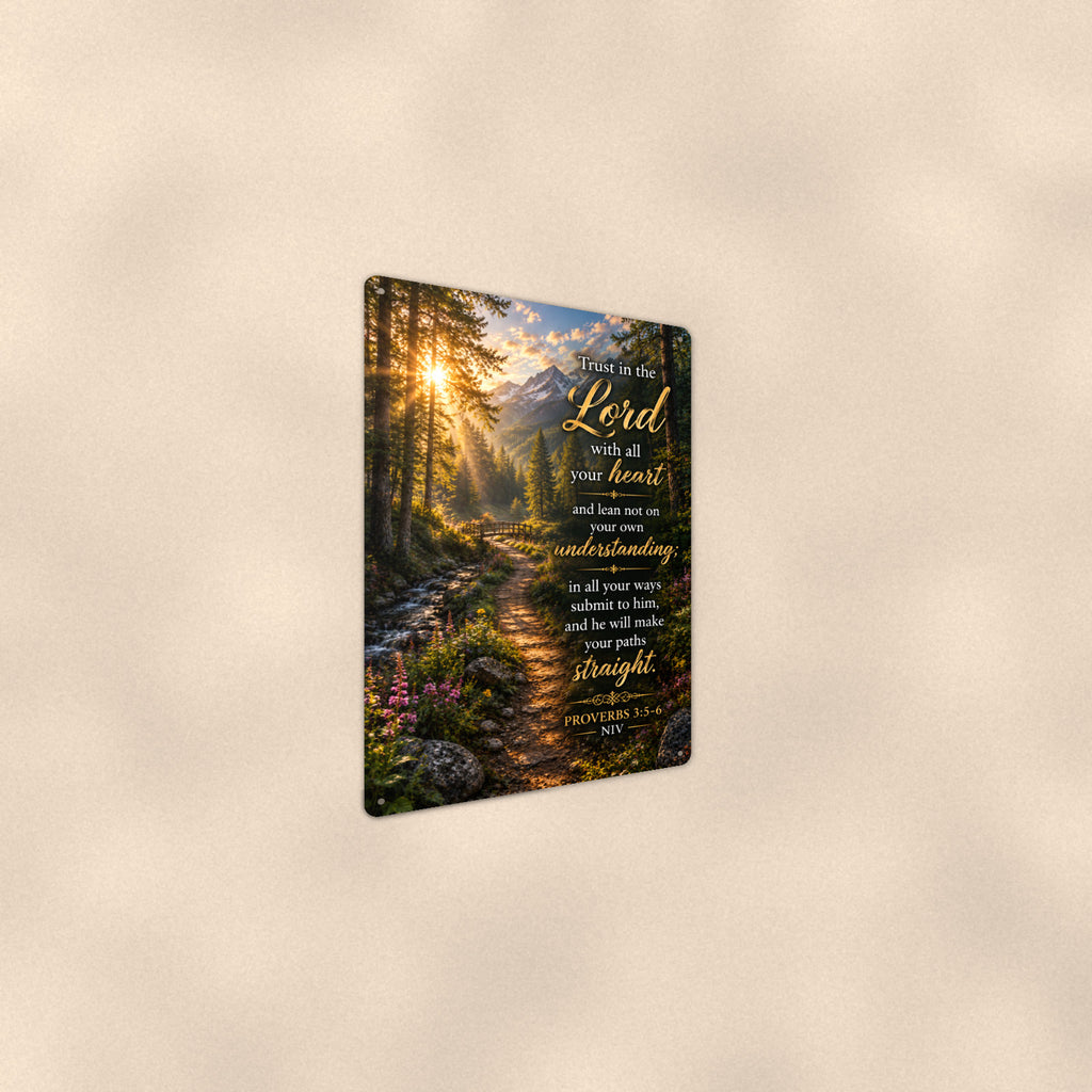 Trust in the Lord Forest Path — Proverbs 3:5-6 aluminum metal sign 8" x 12" - angled wall view from a wider angle
