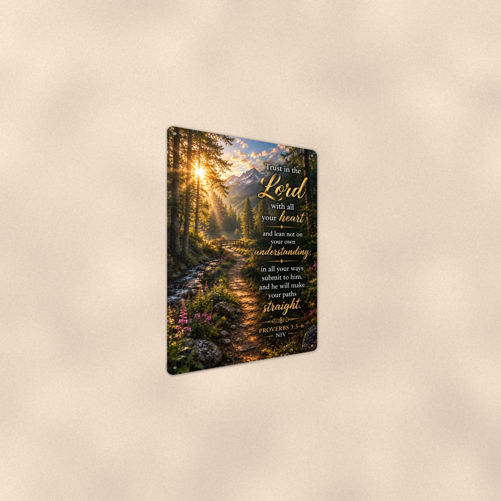 Trust in the Lord Forest Path — Proverbs 3:5-6 aluminum metal sign 8" x 12" - angled wall view from a wider angle