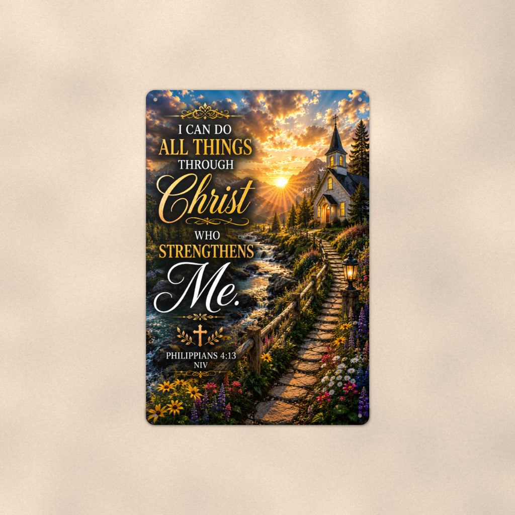 All Things Through Christ Church Path — Philippians 4:13 aluminum metal sign 8" x 12" - front view on warm wall