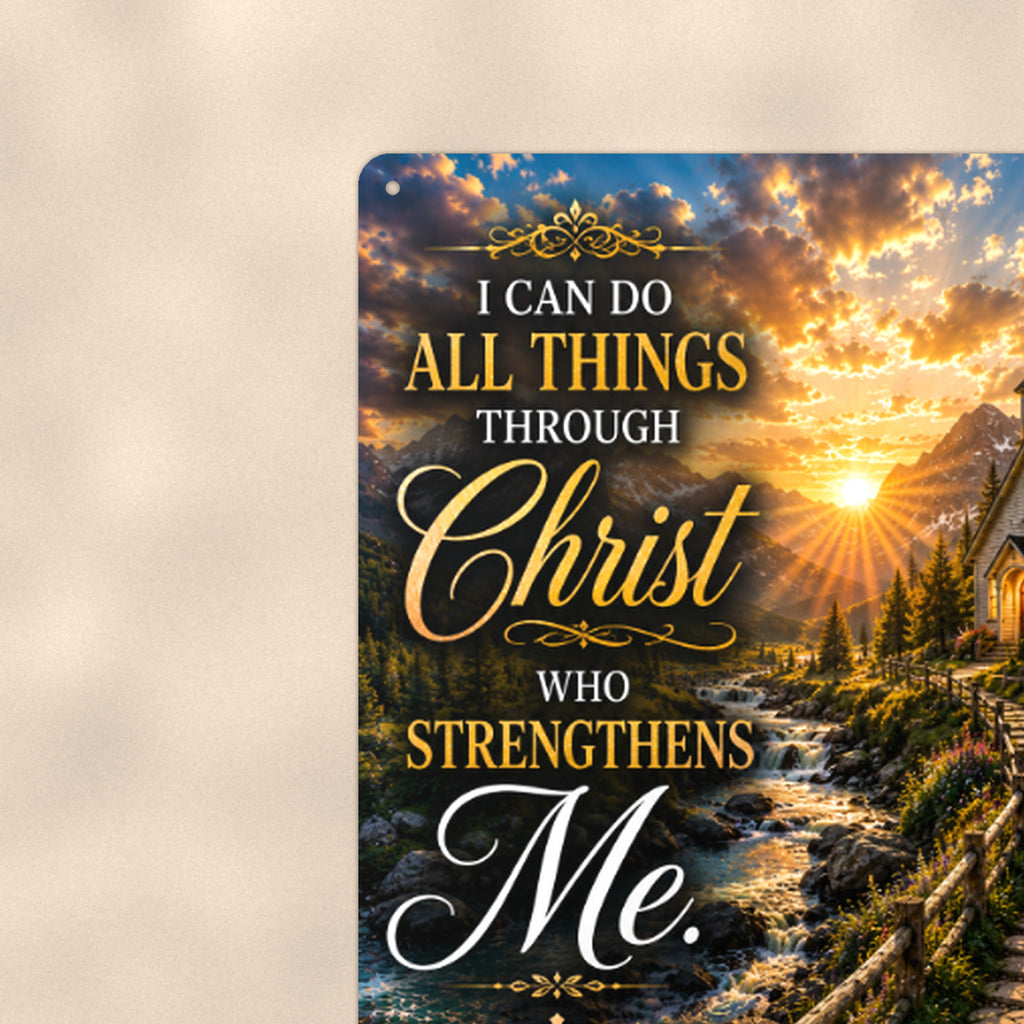 All Things Through Christ Church Path — Philippians 4:13 aluminum metal sign 8" x 12" - close-up view of the printed artwork