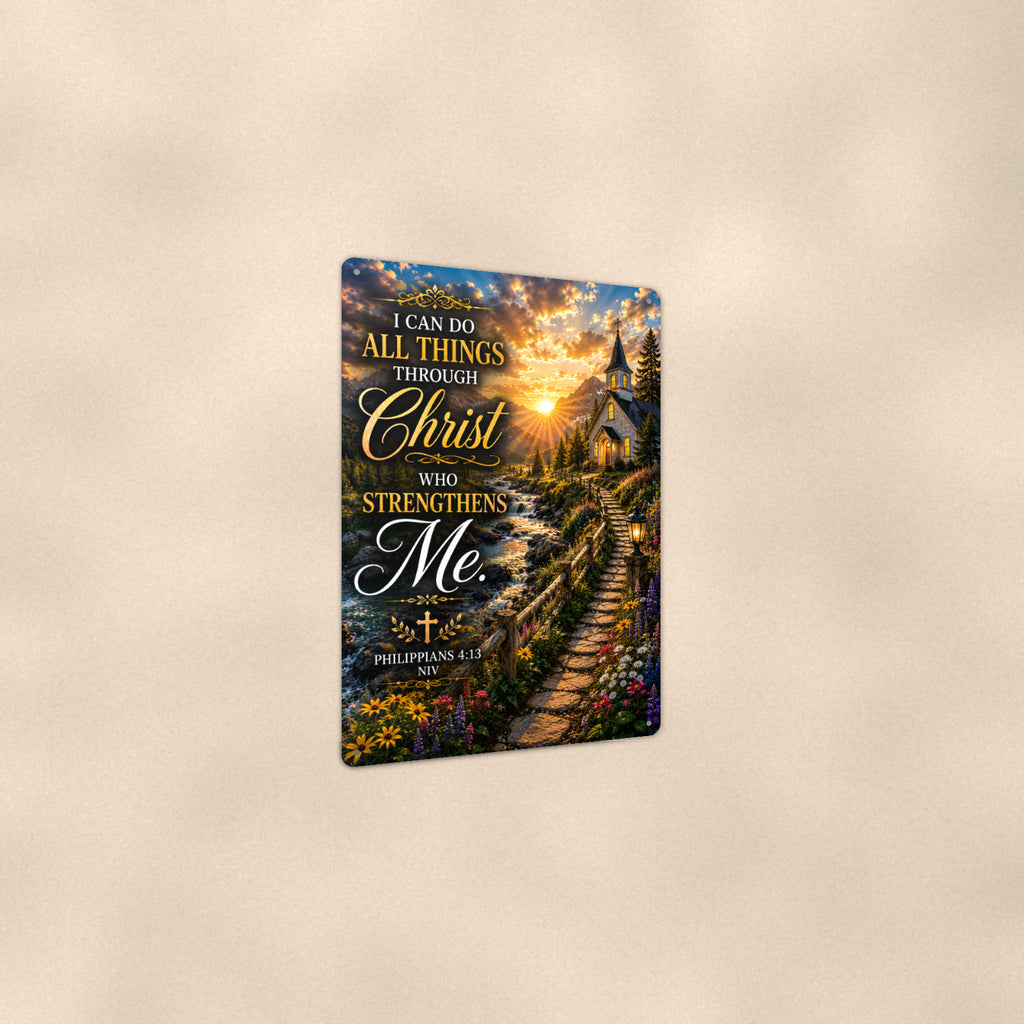 All Things Through Christ Church Path — Philippians 4:13 aluminum metal sign 8" x 12" - angled view showing glossy finish