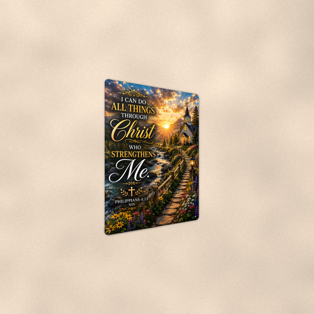 All Things Through Christ Church Path — Philippians 4:13 aluminum metal sign 8" x 12" - angled wall view from a wider angle