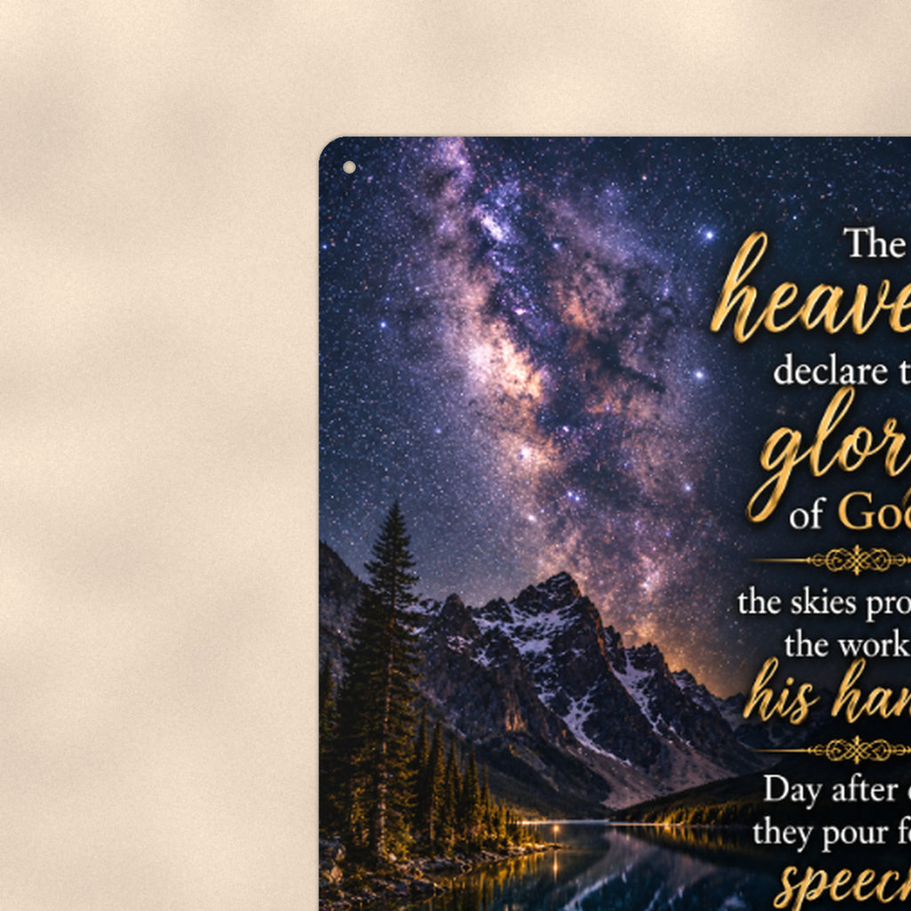 The Heavens Declare Starry Night — Psalm 19:1 aluminum metal sign 8" x 12" - close-up view of the printed artwork