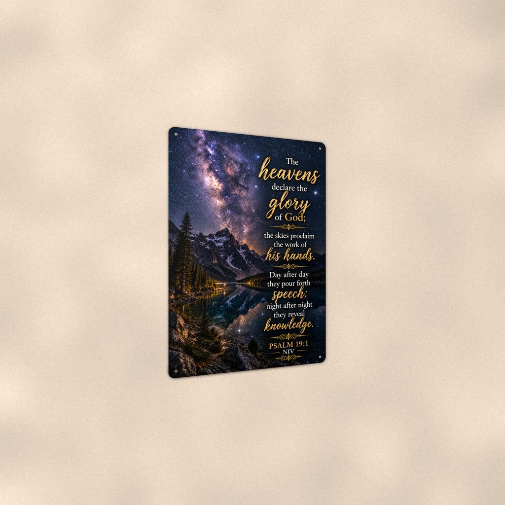 The Heavens Declare Starry Night — Psalm 19:1 aluminum metal sign 8" x 12" - angled view showing glossy finish