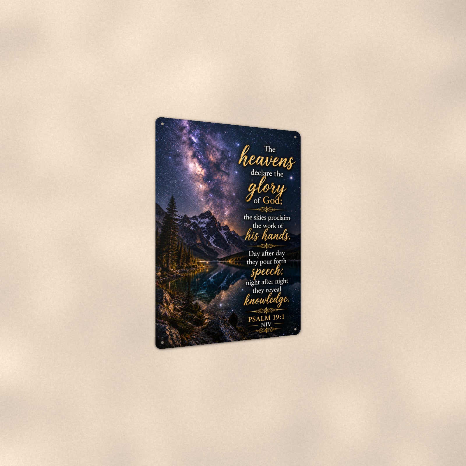 The Heavens Declare Starry Night — Psalm 19:1 aluminum metal sign 8" x 12" - angled view showing glossy finish
