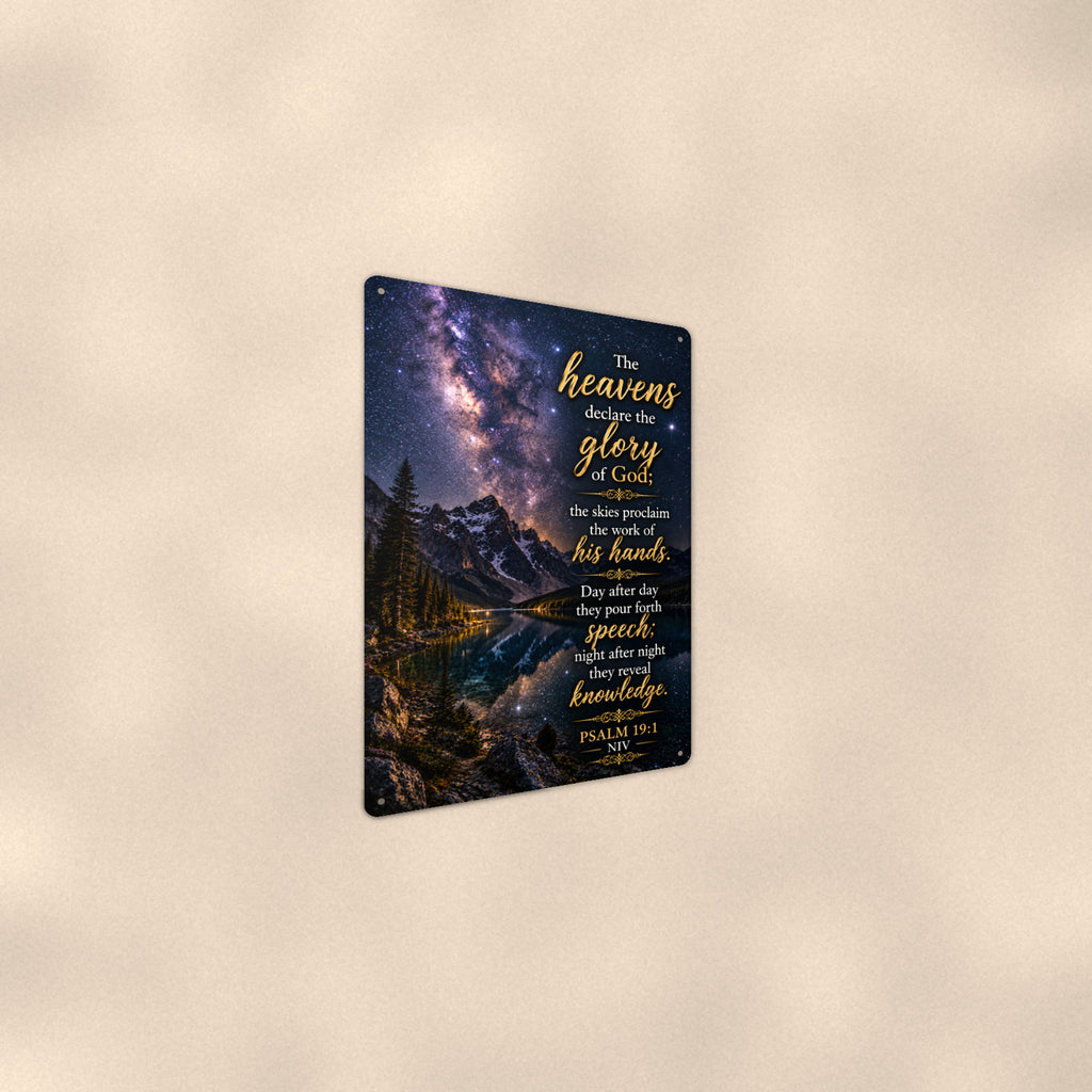 The Heavens Declare Starry Night — Psalm 19:1 aluminum metal sign 8" x 12" - angled wall view from a wider angle