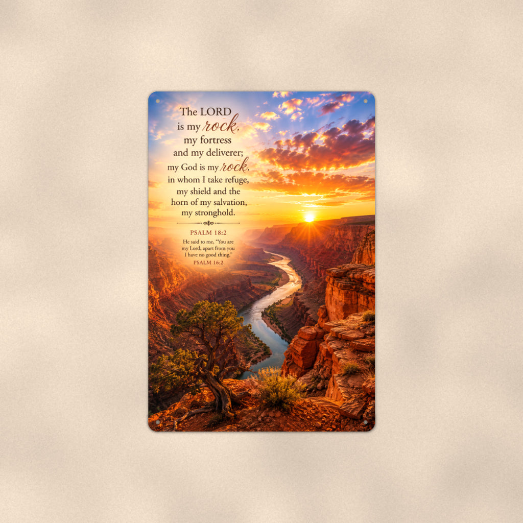 The Lord Is My Rock Canyon — Psalm 18:2 aluminum metal sign 8" x 12" - front view on warm wall