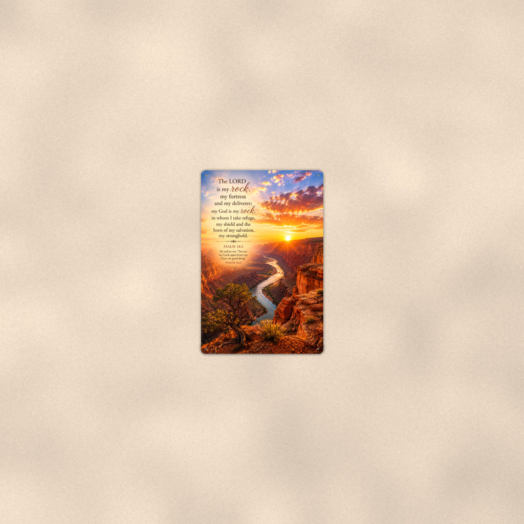 The Lord Is My Rock Canyon — Psalm 18:2 aluminum metal sign 8" x 12" - room view on warm wall