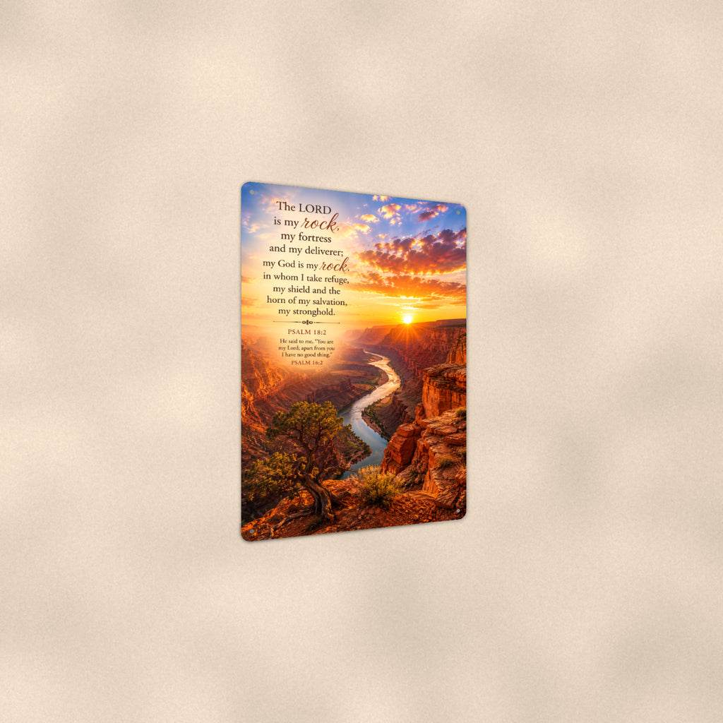 The Lord Is My Rock Canyon — Psalm 18:2 aluminum metal sign 8" x 12" - angled view showing glossy finish