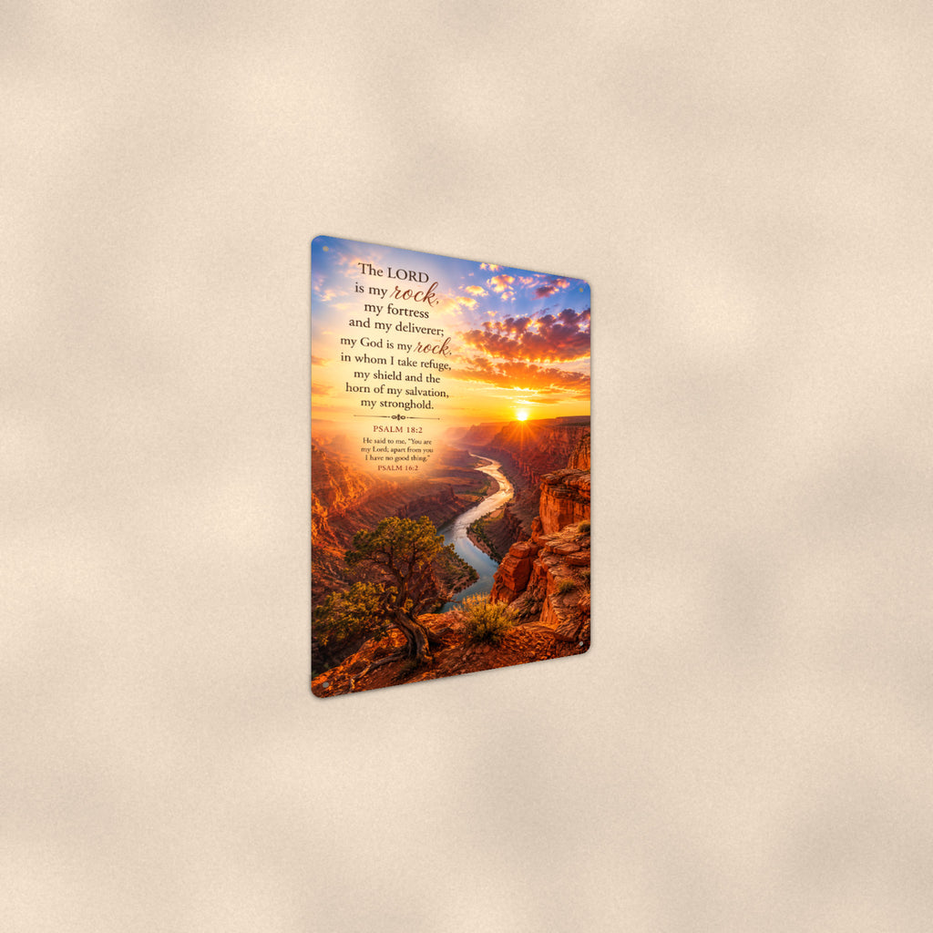 The Lord Is My Rock Canyon — Psalm 18:2 aluminum metal sign 8" x 12" - angled wall view from a wider angle