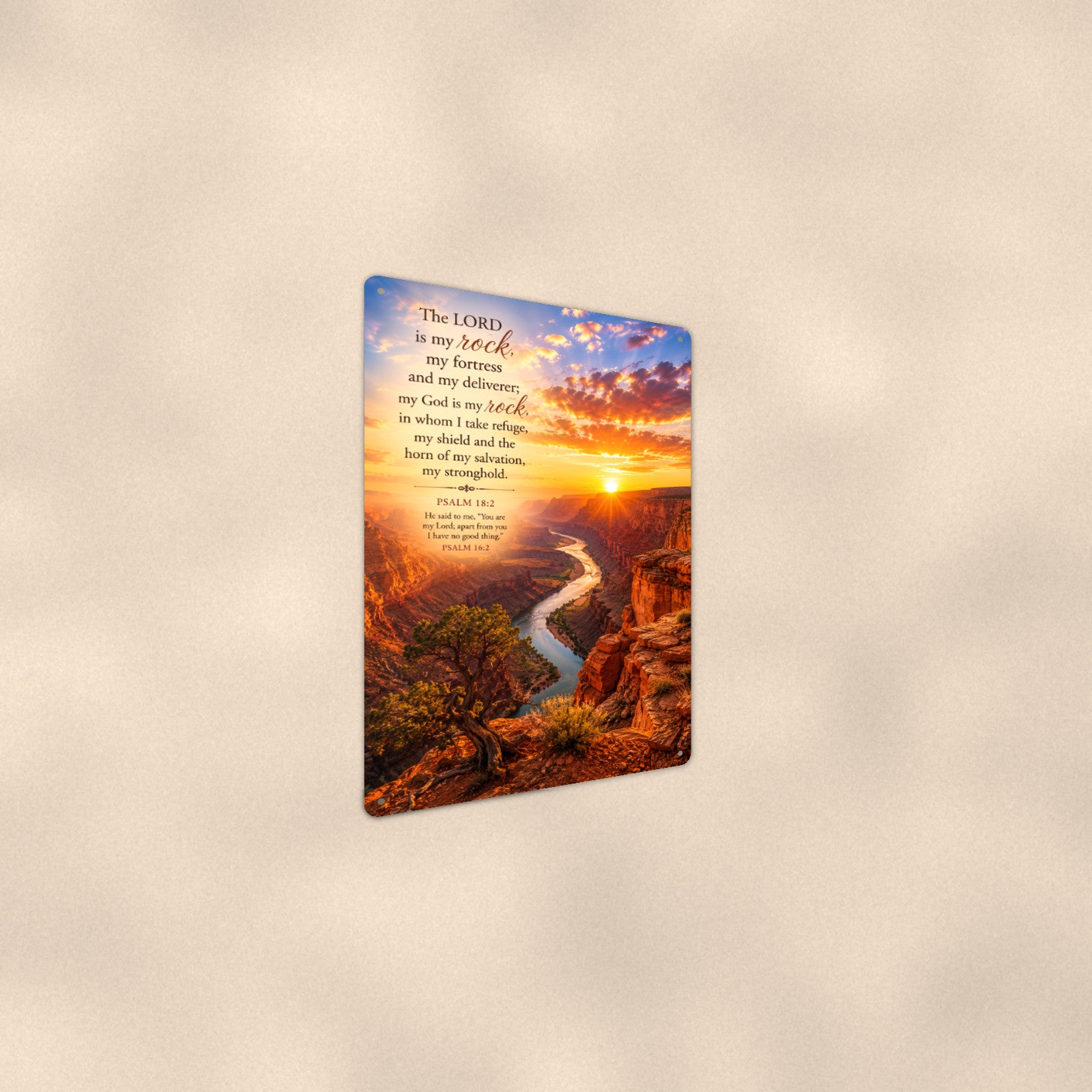 The Lord Is My Rock Canyon — Psalm 18:2 aluminum metal sign 8" x 12" - angled wall view from a wider angle