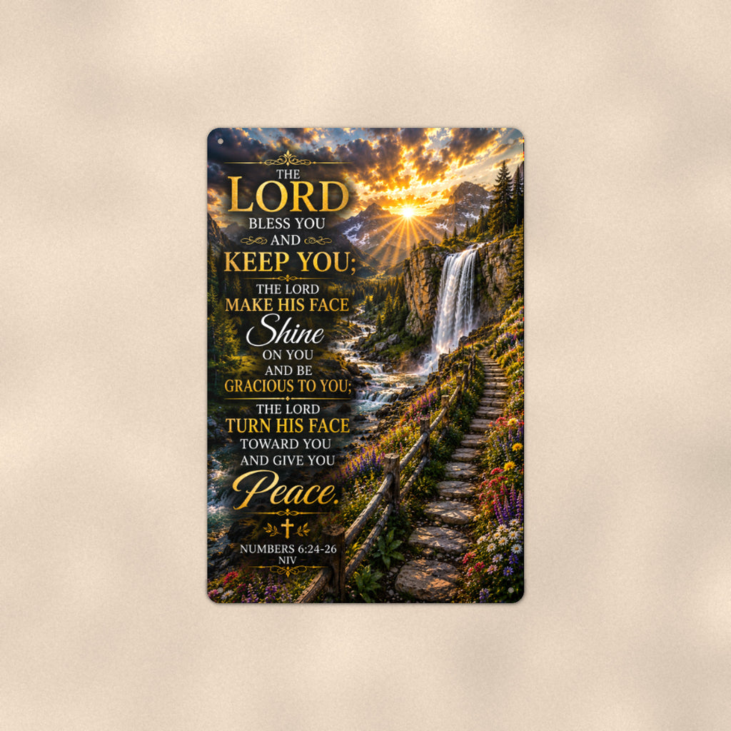 The Lord Bless You and Keep You Waterfall — Numbers 6:24-26 aluminum metal sign 8" x 12" - front view on warm wall