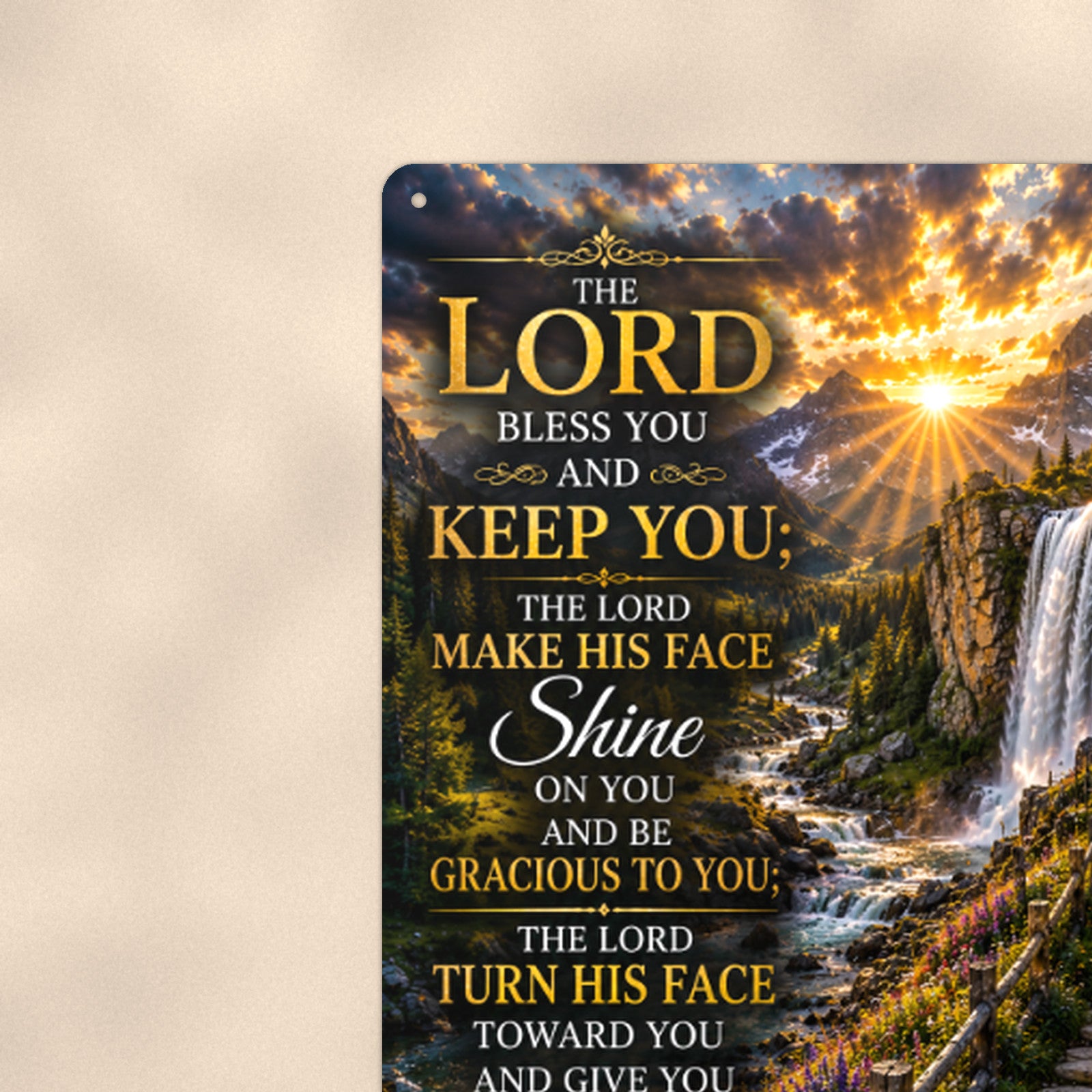 The Lord Bless You and Keep You Waterfall — Numbers 6:24-26 aluminum metal sign 8" x 12" - close-up view of the printed artwork