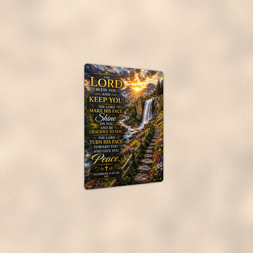 The Lord Bless You and Keep You Waterfall — Numbers 6:24-26 aluminum metal sign 8" x 12" - angled view showing glossy finish