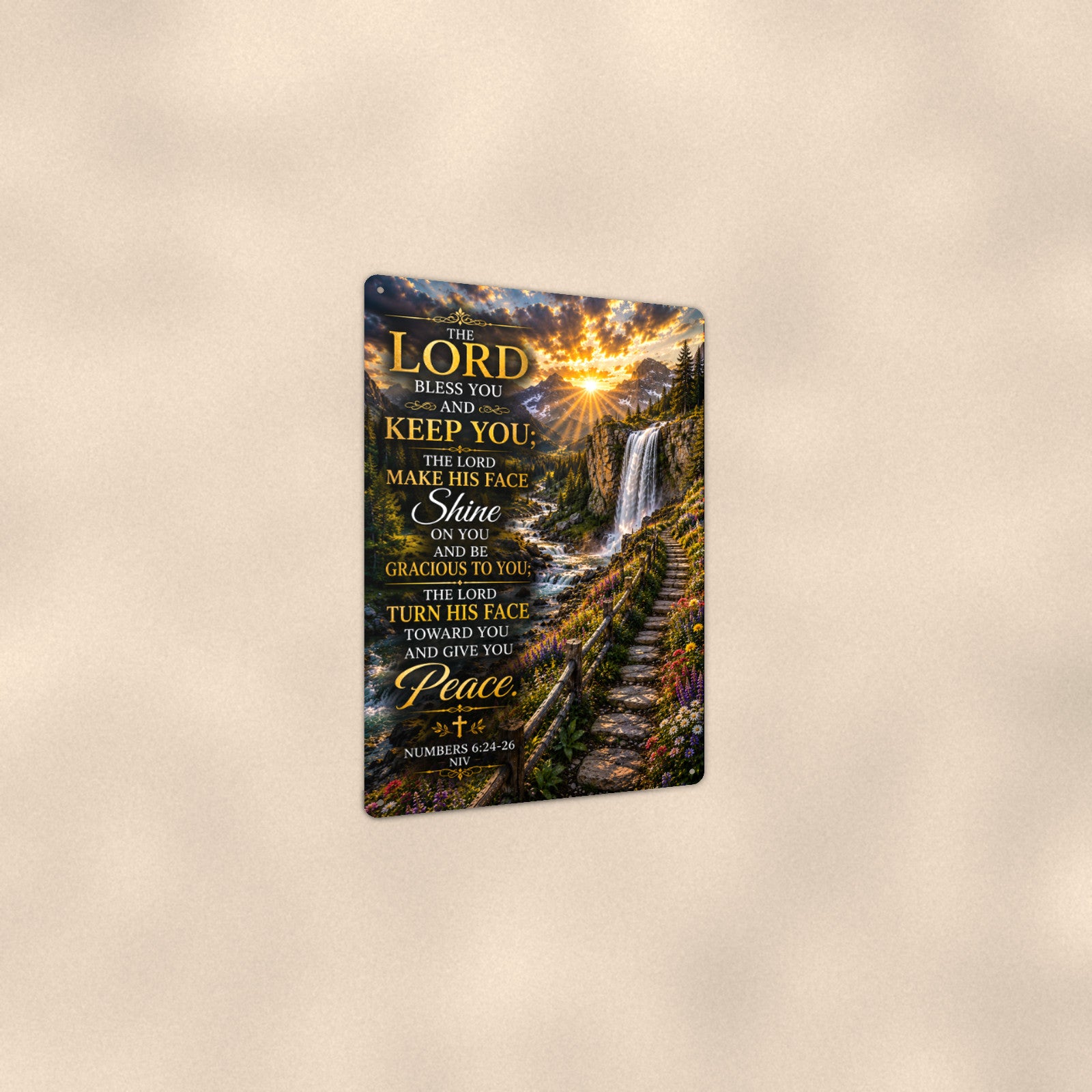 The Lord Bless You and Keep You Waterfall — Numbers 6:24-26 aluminum metal sign 8" x 12" - angled view showing glossy finish