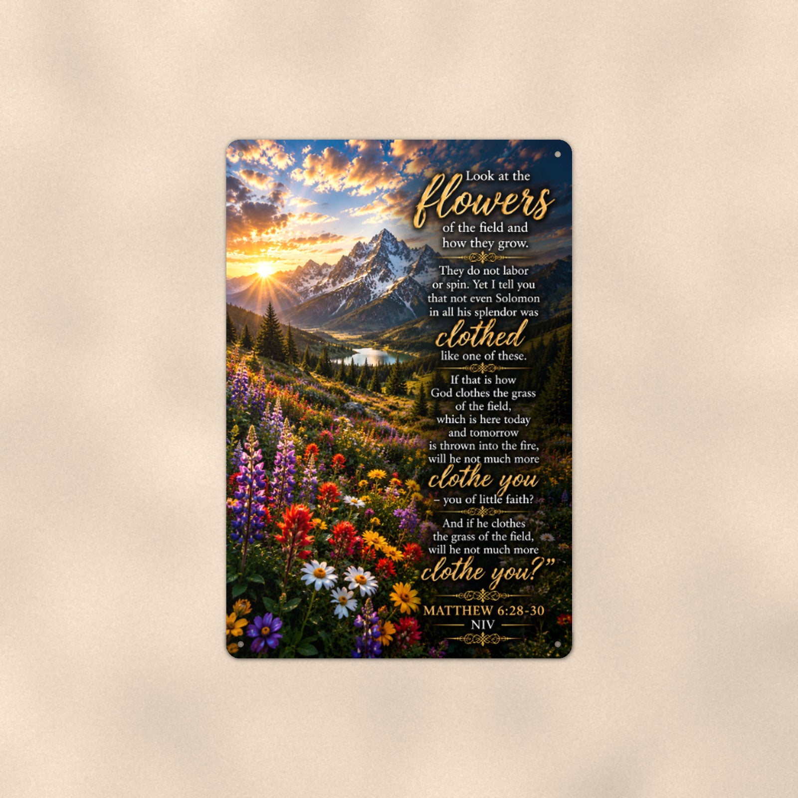 Look at the Flowers of the Field — Matthew 6:28-30 aluminum metal sign 8" x 12" - front view on warm wall