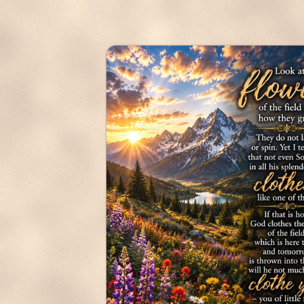 Look at the Flowers of the Field — Matthew 6:28-30 aluminum metal sign 8" x 12" - close-up view of the printed artwork