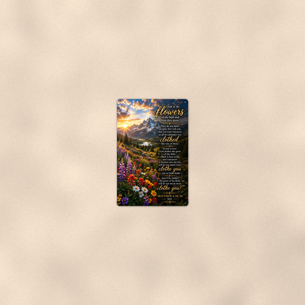 Look at the Flowers of the Field — Matthew 6:28-30 aluminum metal sign 8" x 12" - room view on warm wall