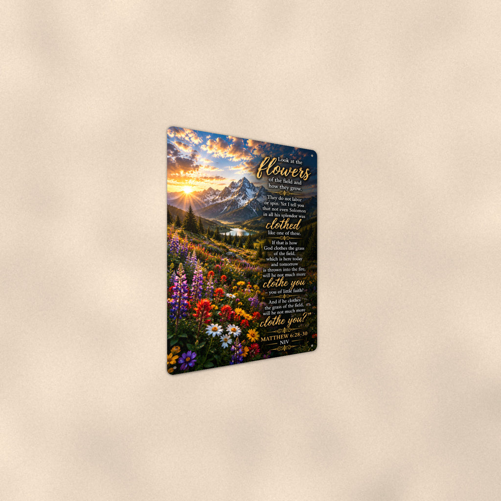 Look at the Flowers of the Field — Matthew 6:28-30 aluminum metal sign 8" x 12" - angled wall view from a wider angle