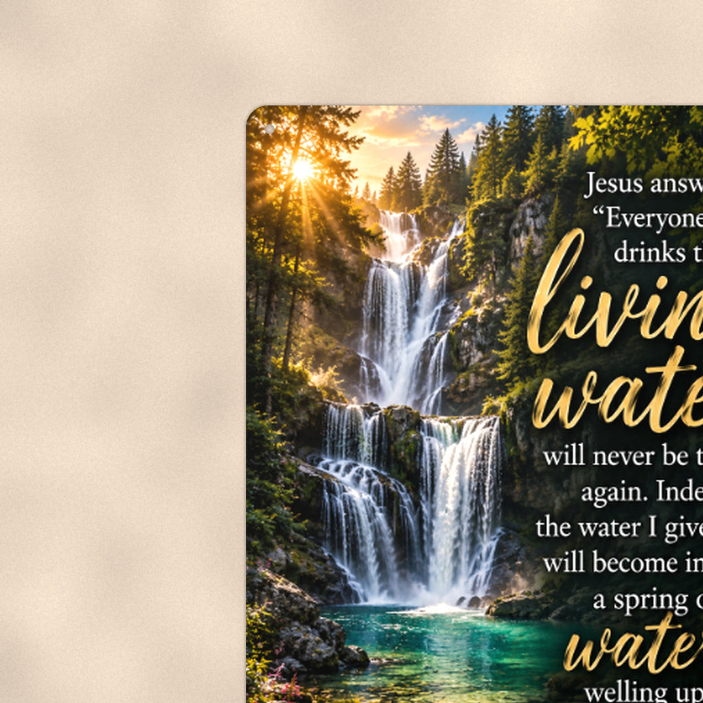 Living Water Falls — John 4:14 aluminum metal sign 8" x 12" - close-up view of the printed artwork