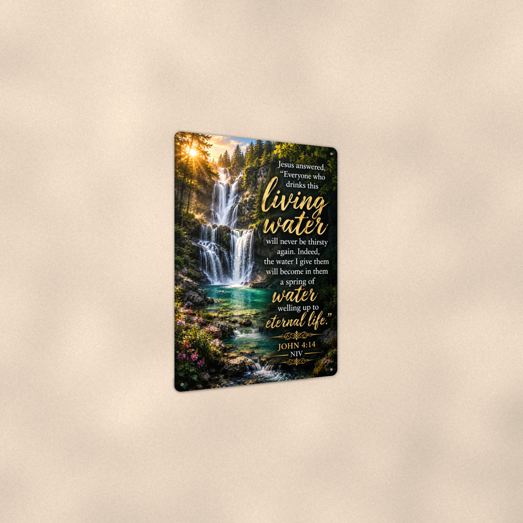 Living Water Falls — John 4:14 aluminum metal sign 8" x 12" - angled view showing glossy finish