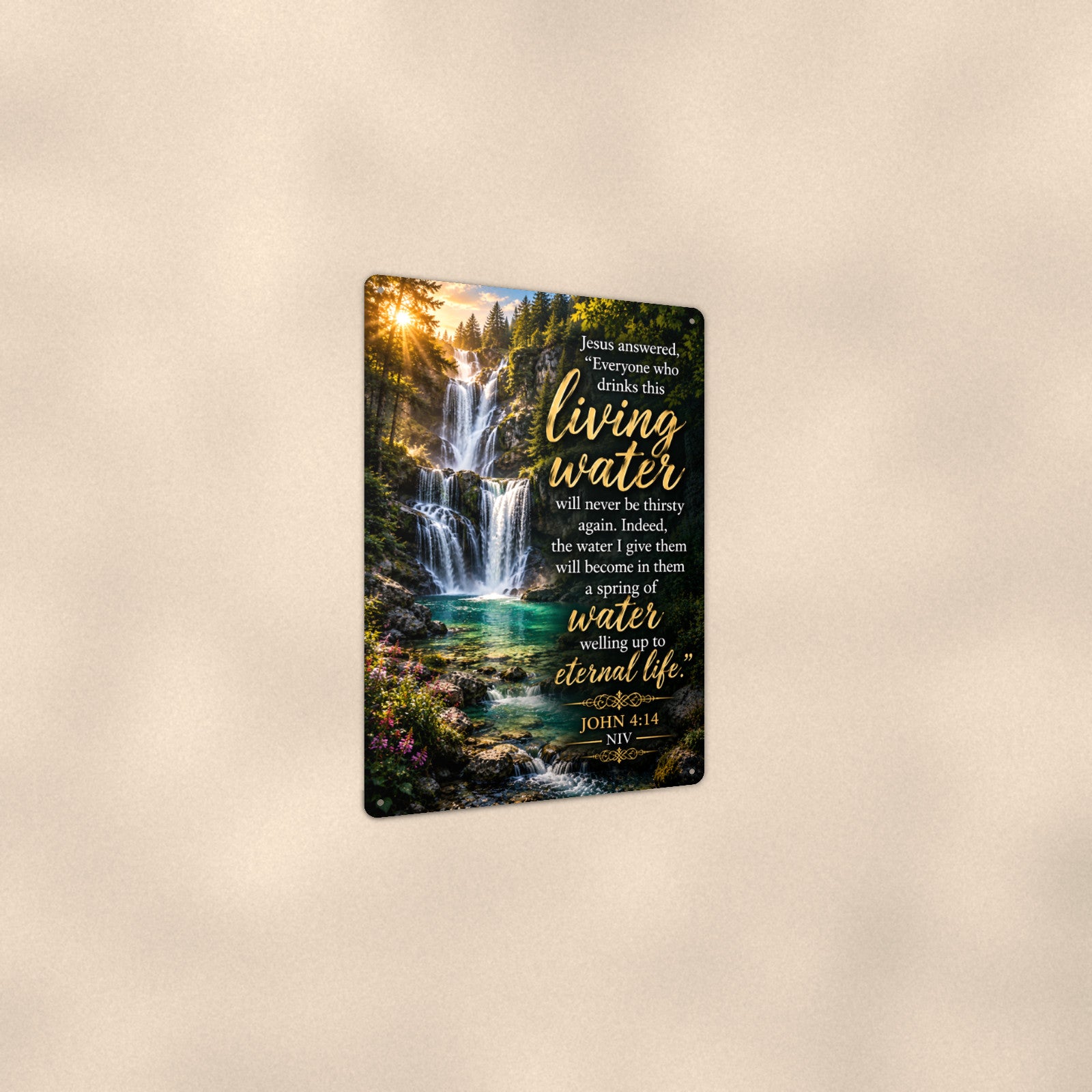 Living Water Falls — John 4:14 aluminum metal sign 8" x 12" - angled view showing glossy finish
