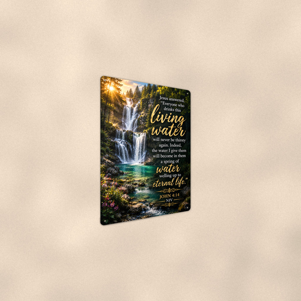 Living Water Falls — John 4:14 aluminum metal sign 8" x 12" - angled wall view from a wider angle