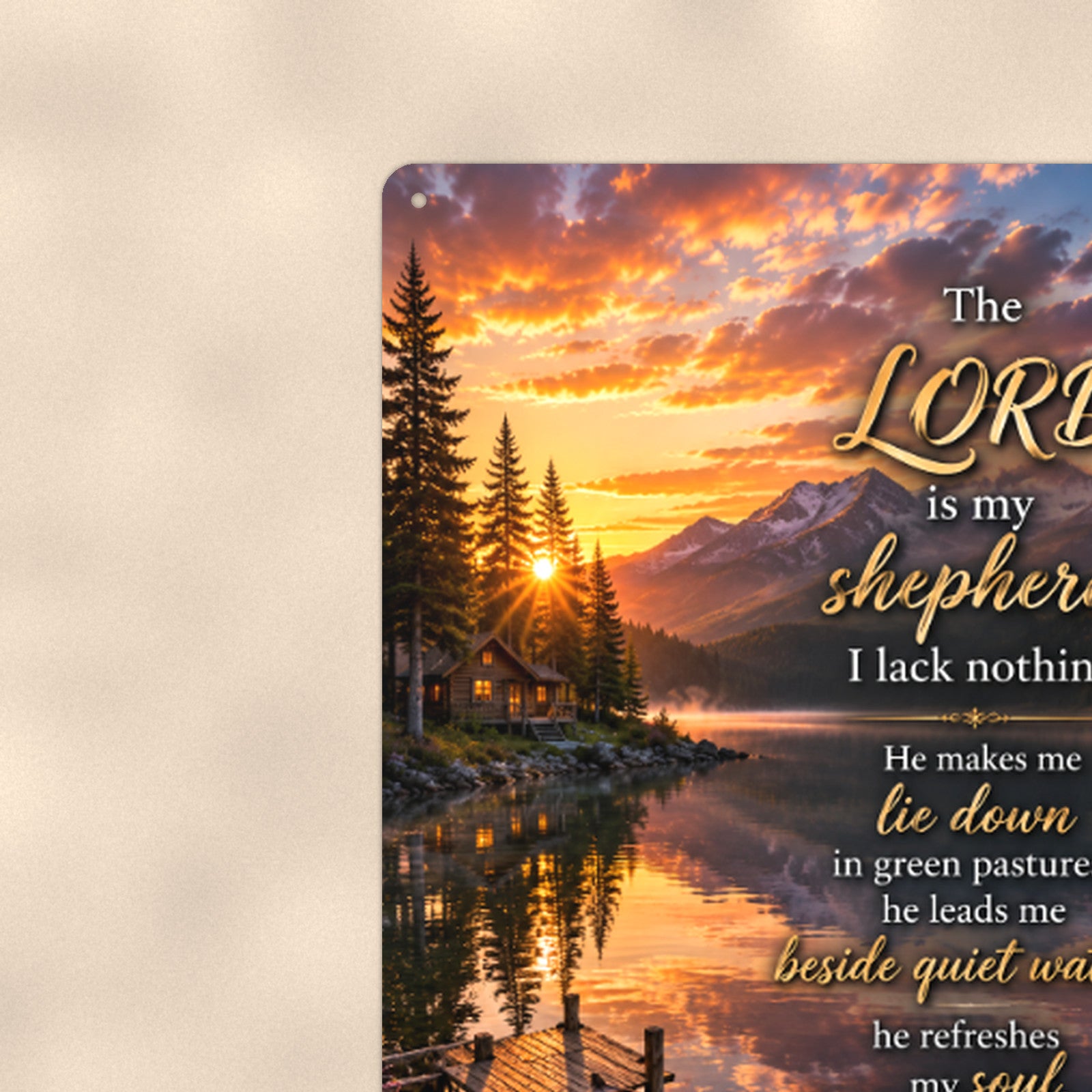 Beside Quiet Waters Lake Boat — Psalm 23:2-3 aluminum metal sign 8" x 12" - close-up view of the printed artwork