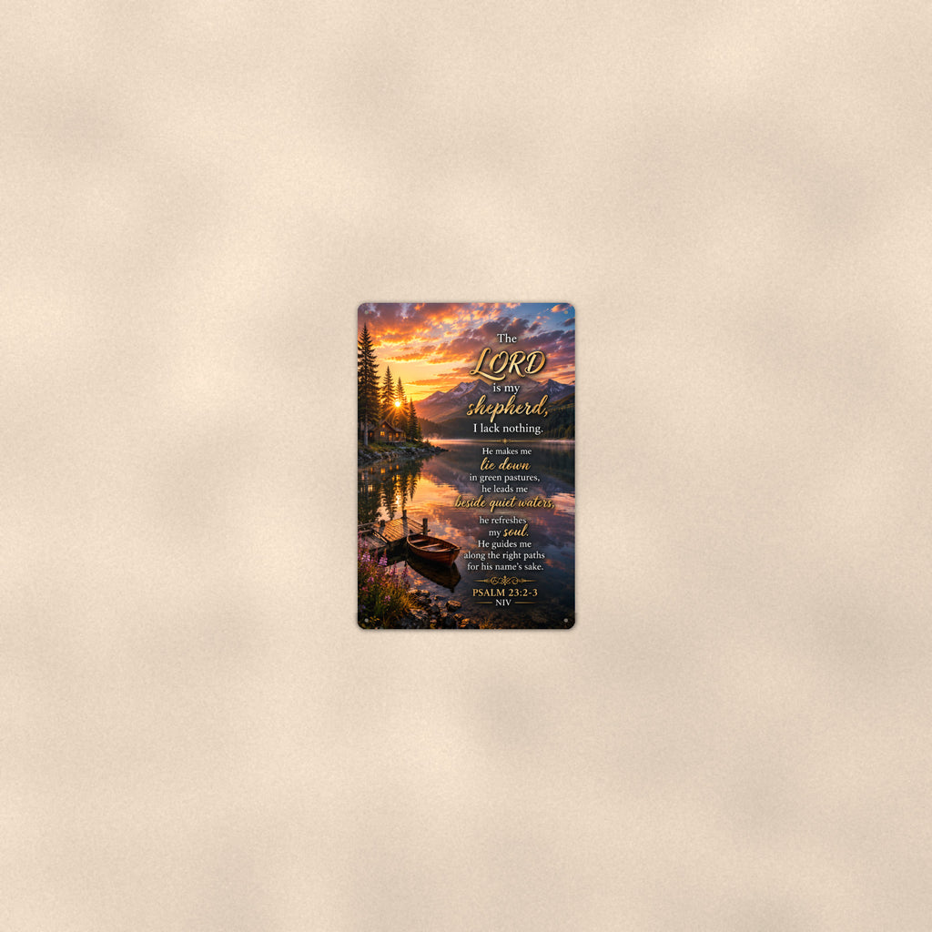 Beside Quiet Waters Lake Boat — Psalm 23:2-3 aluminum metal sign 8" x 12" - room view on warm wall