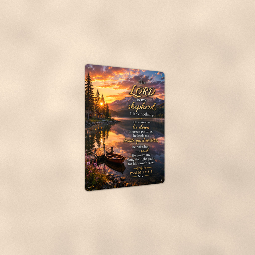 Beside Quiet Waters Lake Boat — Psalm 23:2-3 aluminum metal sign 8" x 12" - angled view showing glossy finish