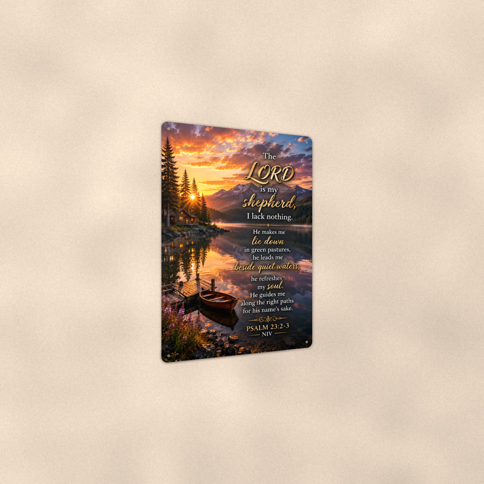 Beside Quiet Waters Lake Boat — Psalm 23:2-3 aluminum metal sign 8" x 12" - angled view showing glossy finish