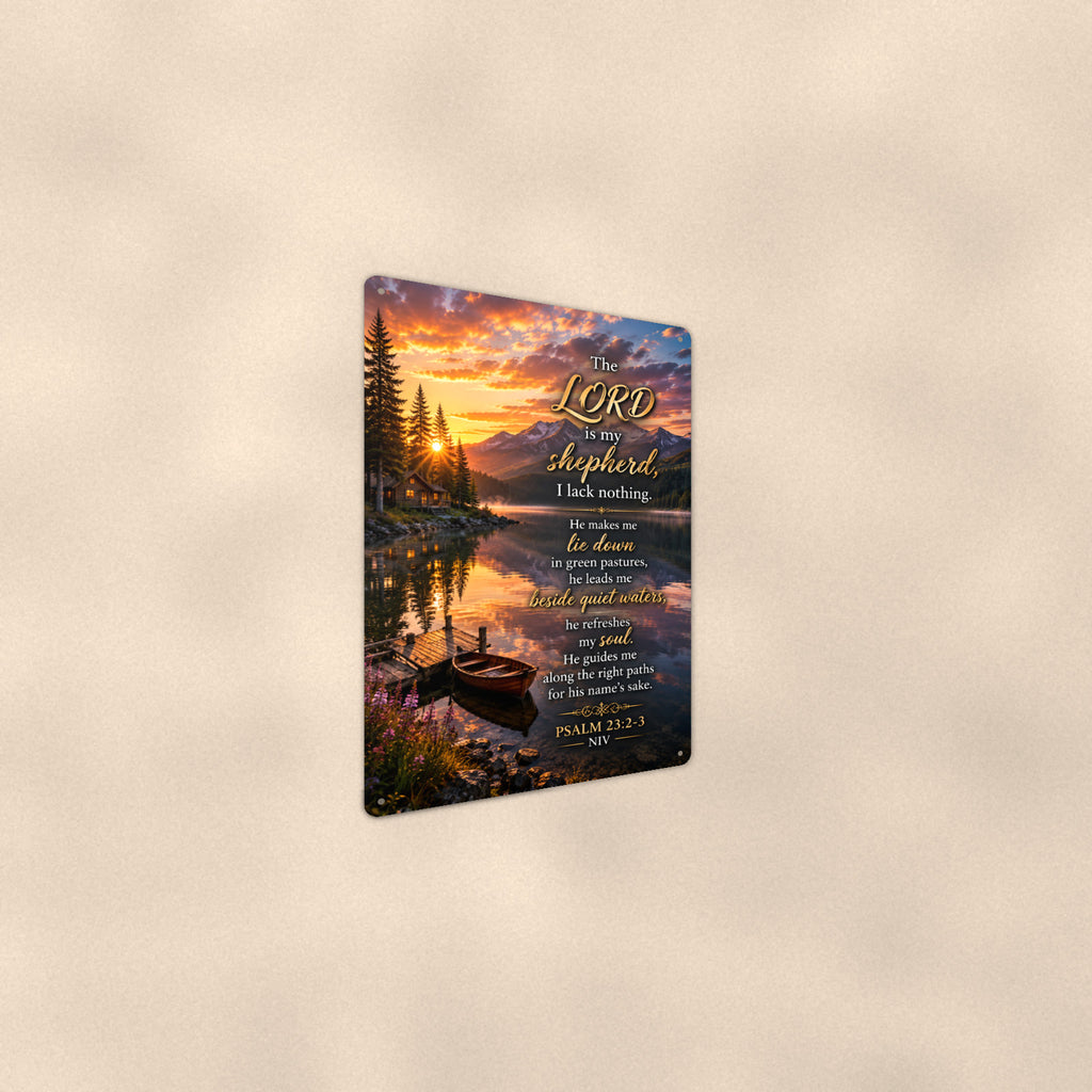 Beside Quiet Waters Lake Boat — Psalm 23:2-3 aluminum metal sign 8" x 12" - angled wall view from a wider angle