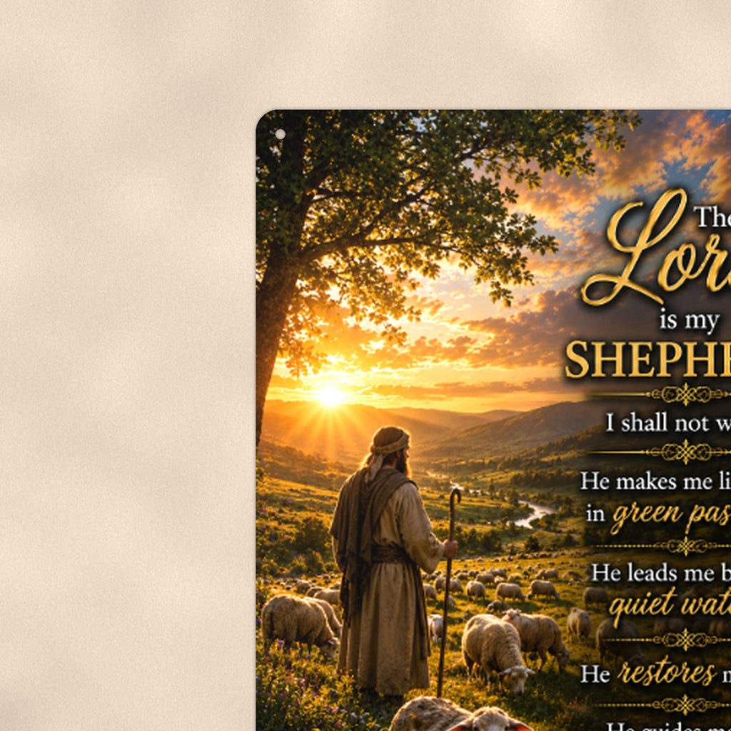 The Lord Is My Shepherd — Psalm 23:1 aluminum metal sign 8" x 12" - close-up view of the printed artwork