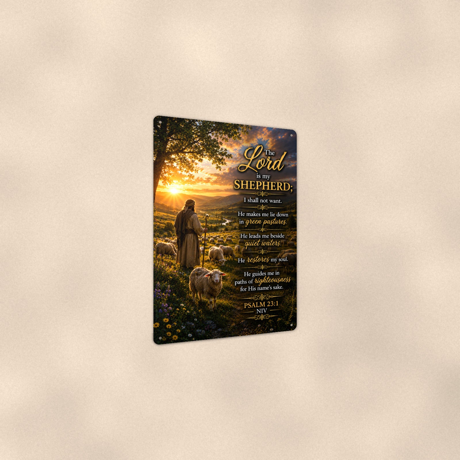 The Lord Is My Shepherd — Psalm 23:1 aluminum metal sign 8" x 12" - angled view showing glossy finish