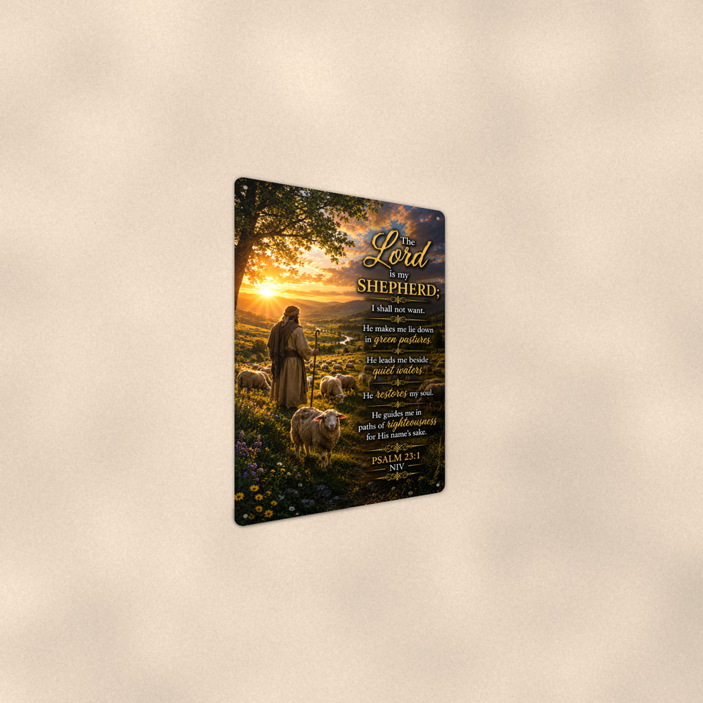 The Lord Is My Shepherd — Psalm 23:1 aluminum metal sign 8" x 12" - angled wall view from a wider angle