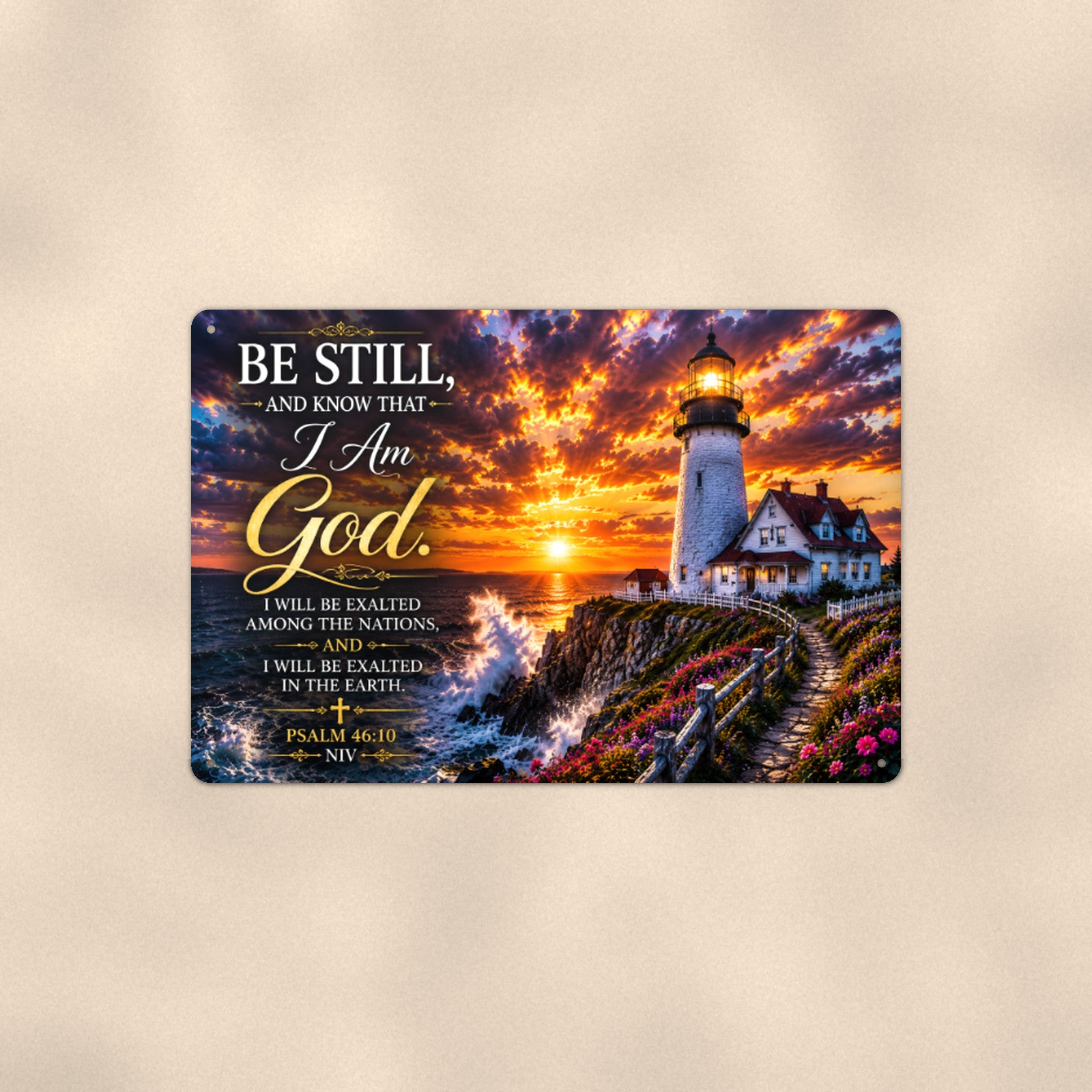 Be Still and Know Lighthouse Point — Psalm 46:10 aluminum metal sign 12" x 8" - front view on warm wall
