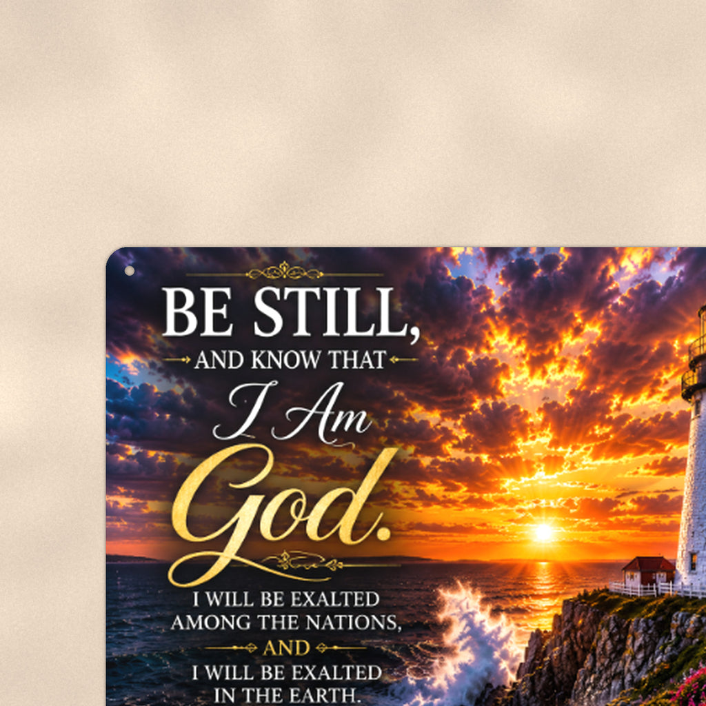 Be Still and Know Lighthouse Point — Psalm 46:10 aluminum metal sign 12" x 8" - close-up view of the printed artwork