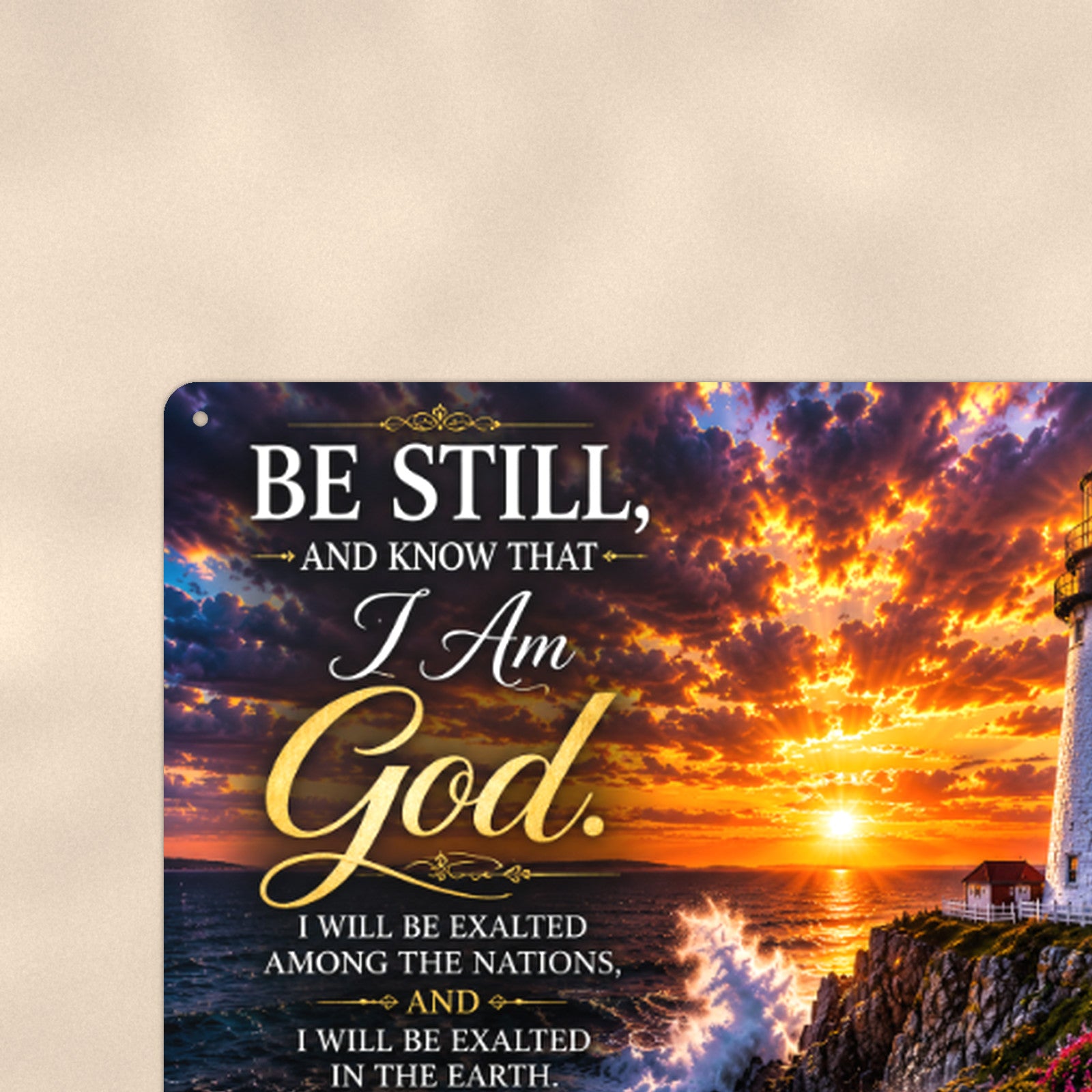 Be Still and Know Lighthouse Point — Psalm 46:10 aluminum metal sign 12" x 8" - close-up view of the printed artwork