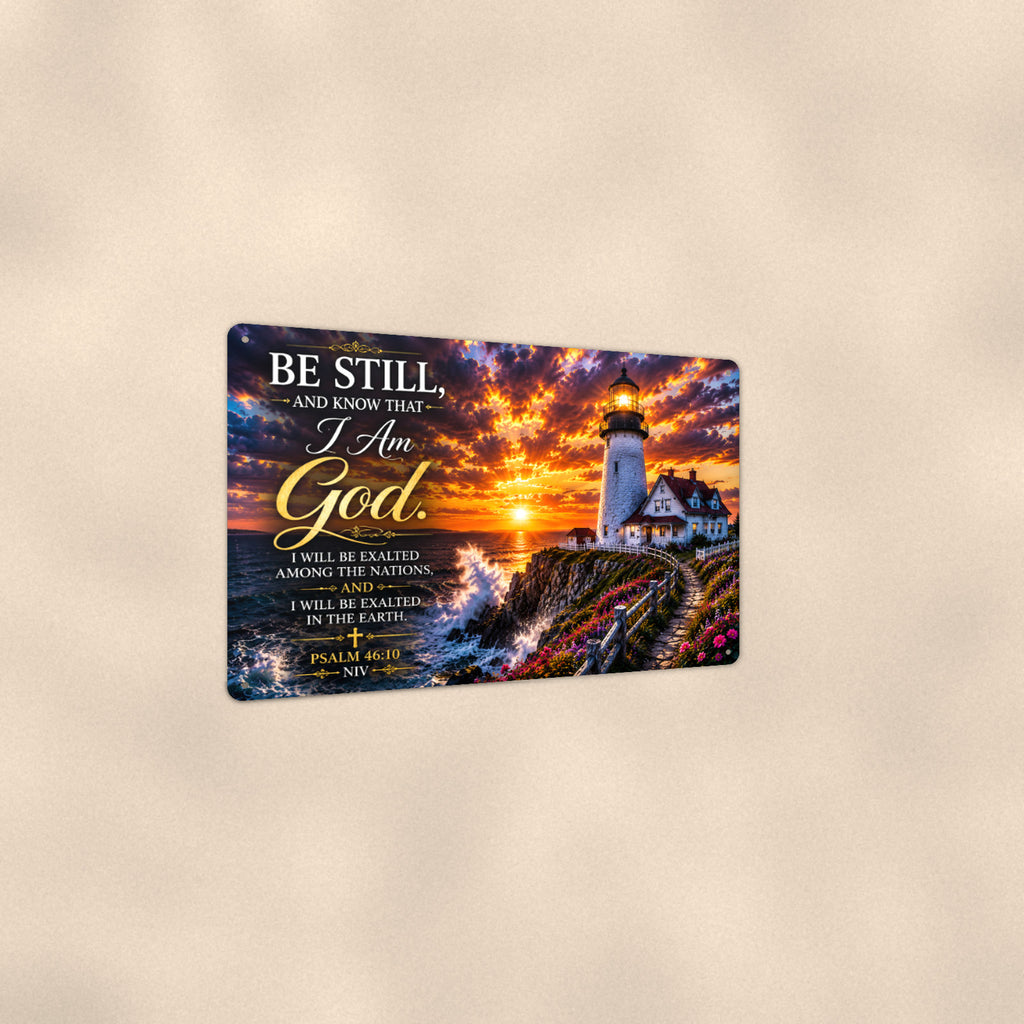 Be Still and Know Lighthouse Point — Psalm 46:10 aluminum metal sign 12" x 8" - angled view showing glossy finish