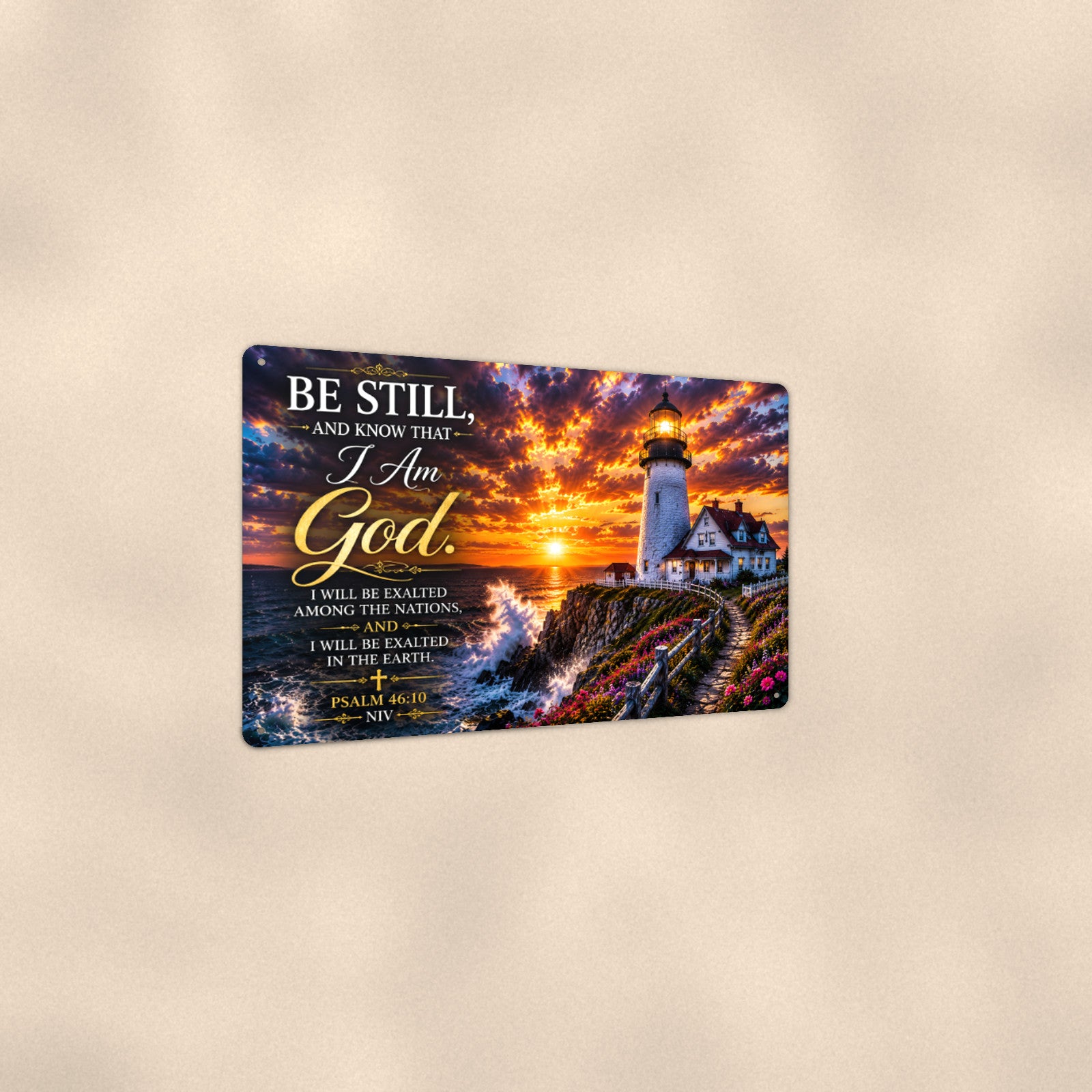 Be Still and Know Lighthouse Point — Psalm 46:10 aluminum metal sign 12" x 8" - angled view showing glossy finish