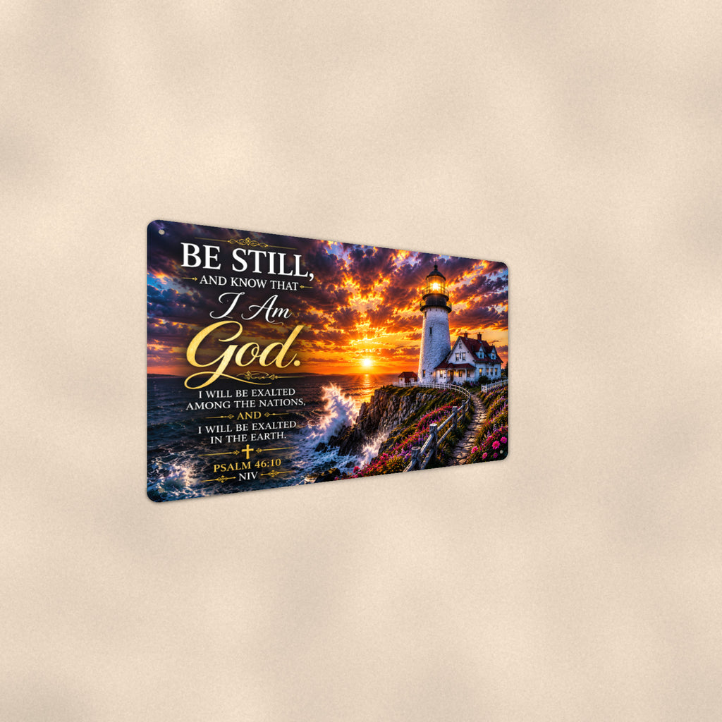 Be Still and Know Lighthouse Point — Psalm 46:10 aluminum metal sign 12" x 8" - angled wall view from a wider angle