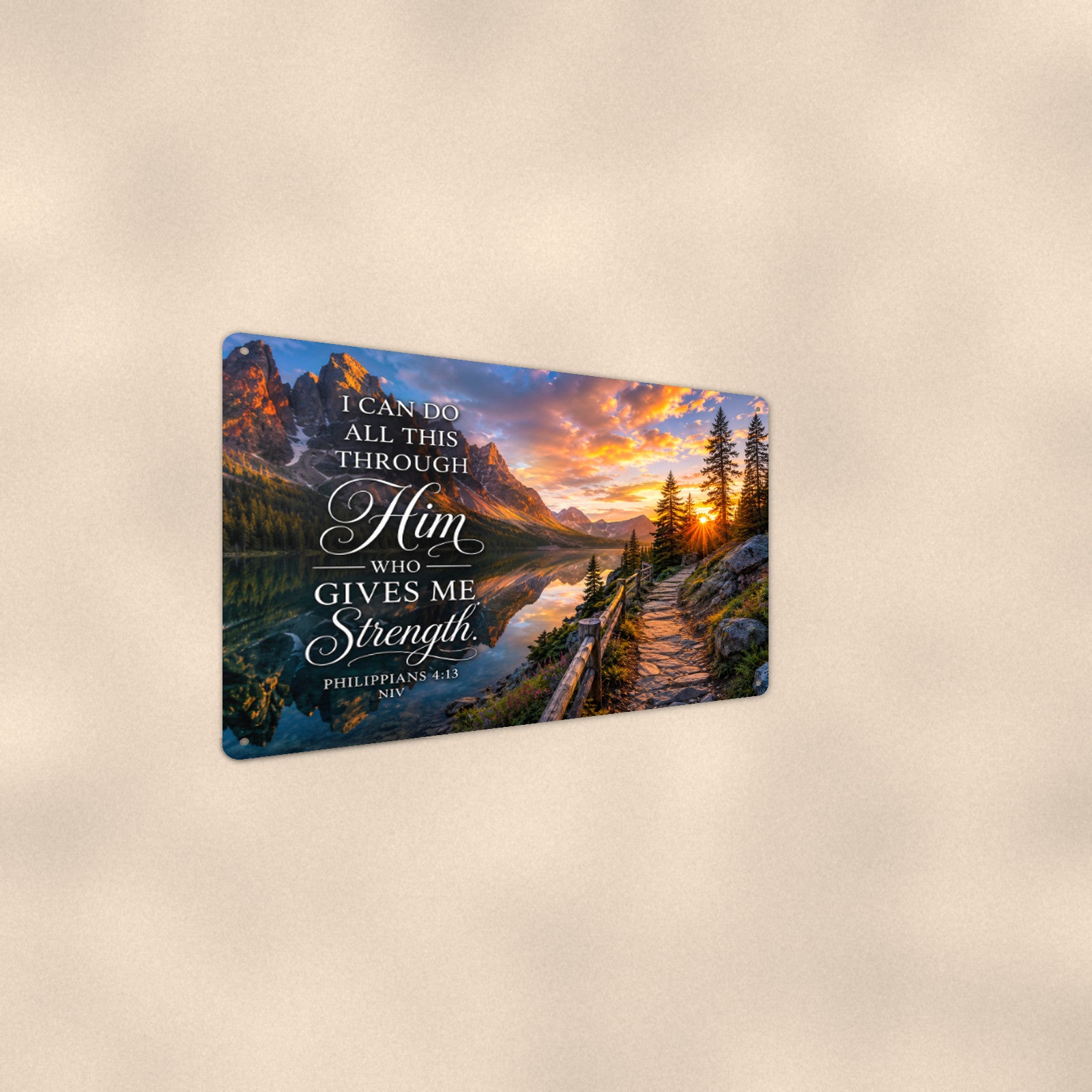 Through Him Who Gives Me Strength River — Philippians 4:13 aluminum metal sign 12" x 8" - angled wall view from a wider angle