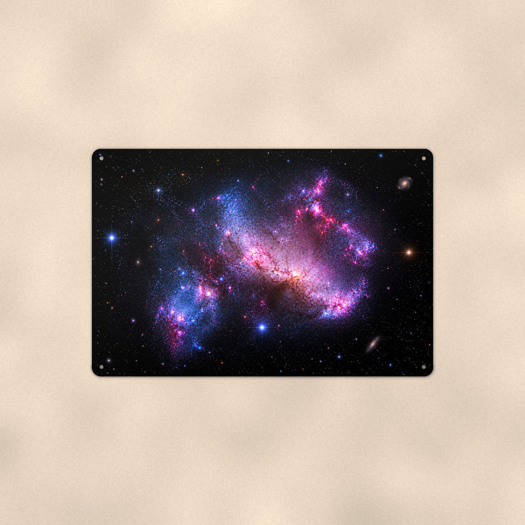 Pink Irregular Galaxy Starfield aluminum metal sign 12" x 8" - front view on warm wall