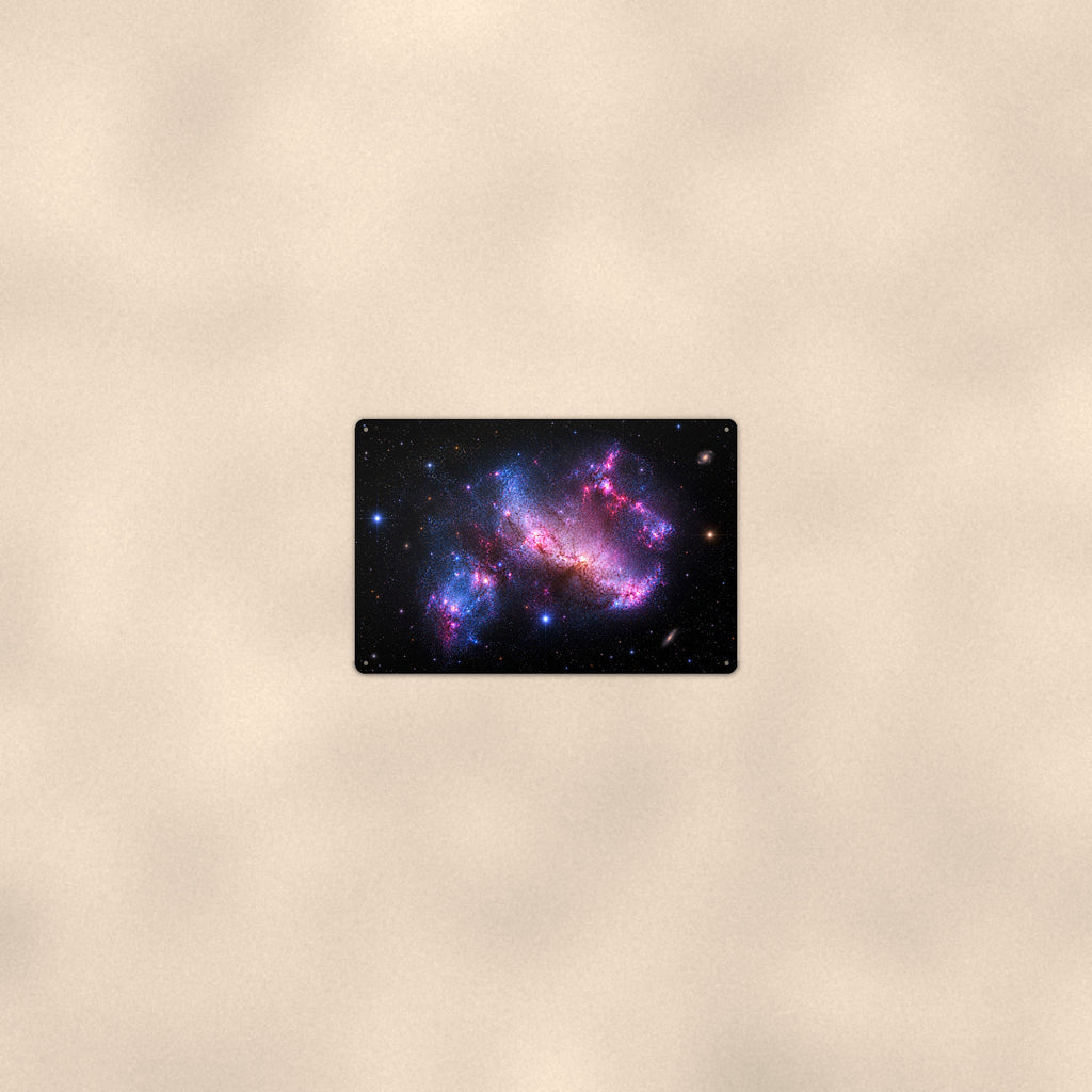 Pink Irregular Galaxy Starfield aluminum metal sign 12" x 8" - room view on warm wall
