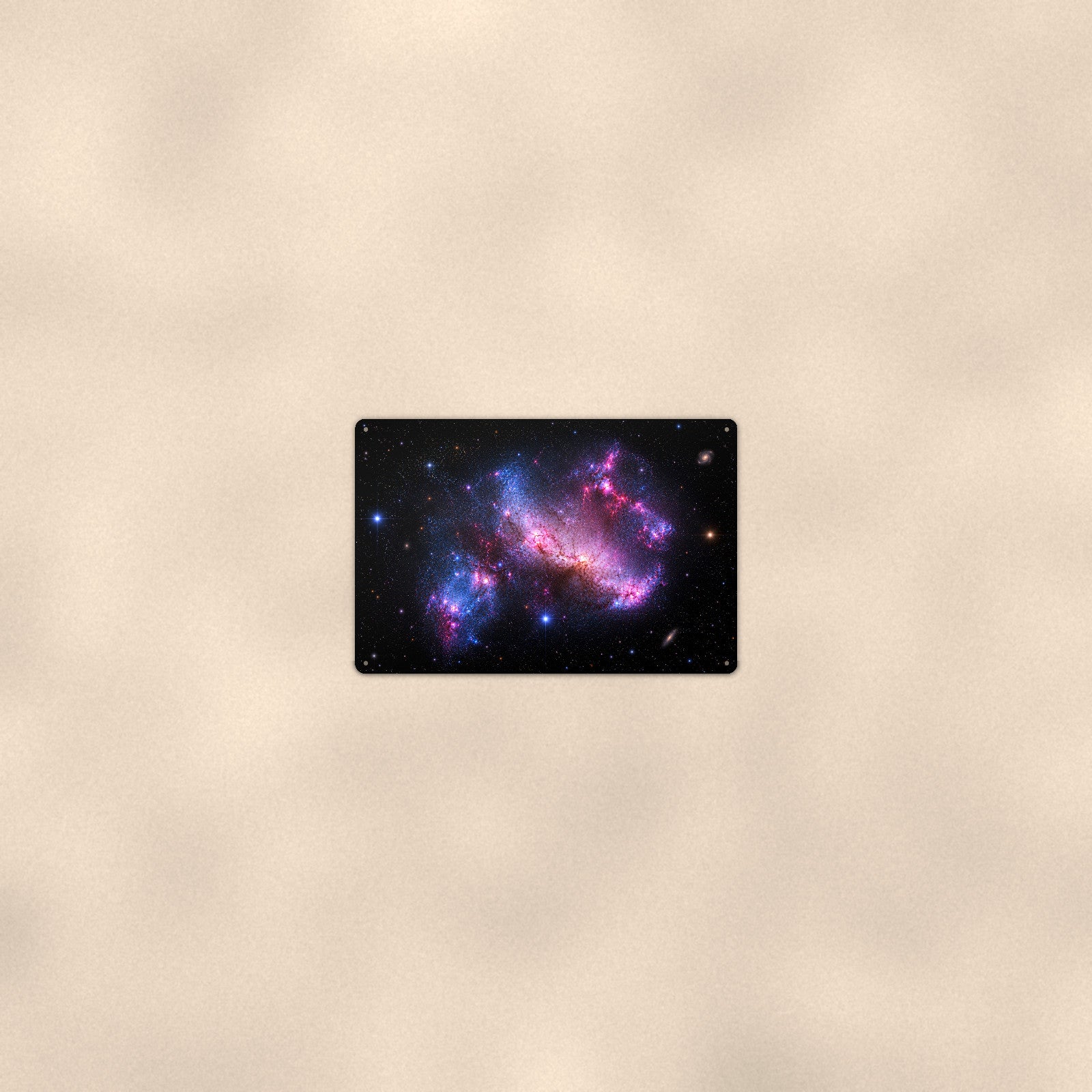 Pink Irregular Galaxy Starfield aluminum metal sign 12" x 8" - room view on warm wall