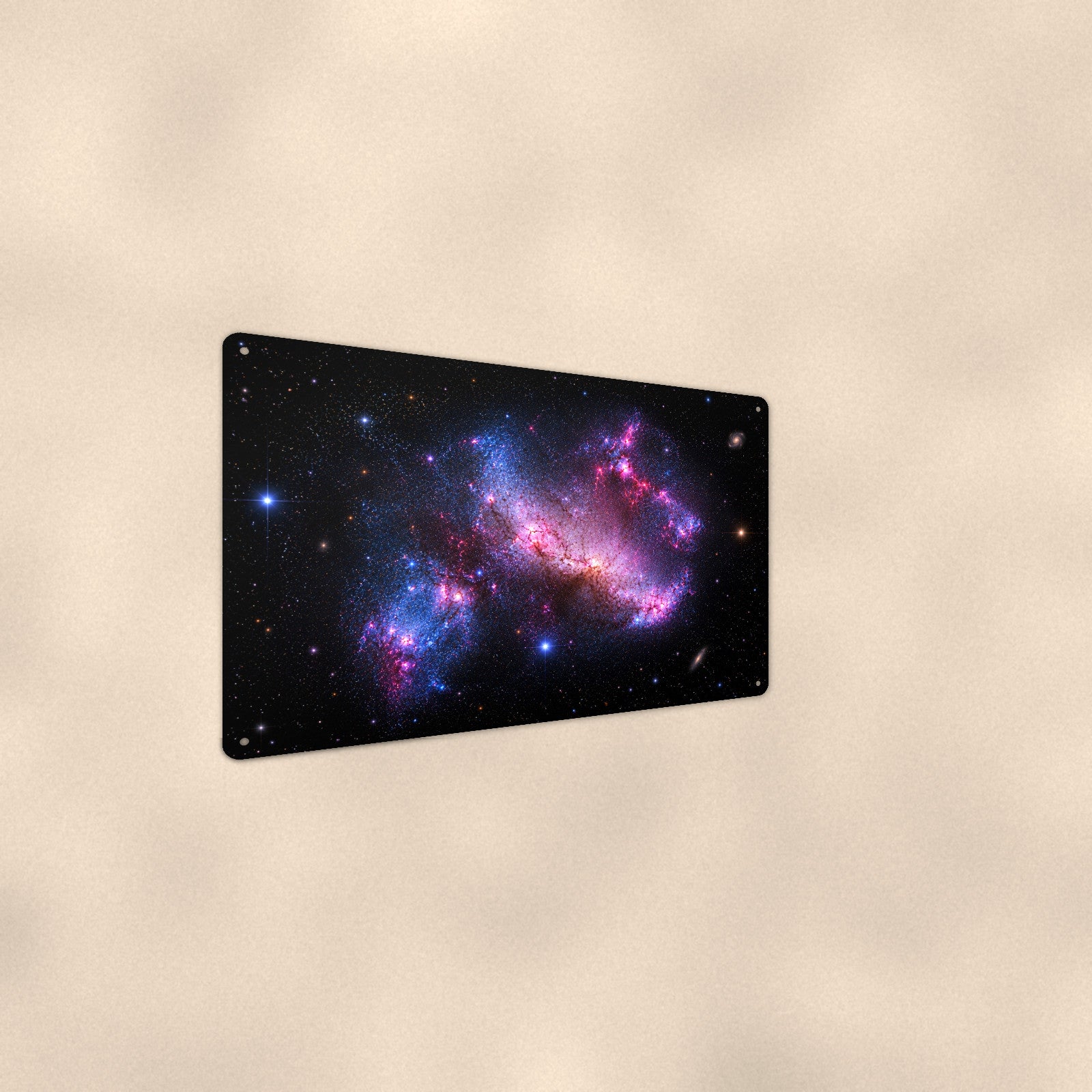 Pink Irregular Galaxy Starfield aluminum metal sign 12" x 8" - angled wall view from a wider angle