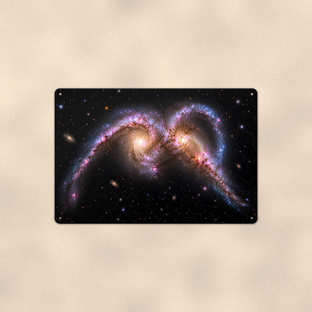 Colliding Galaxies aluminum metal sign 12" x 8" - front view on warm wall