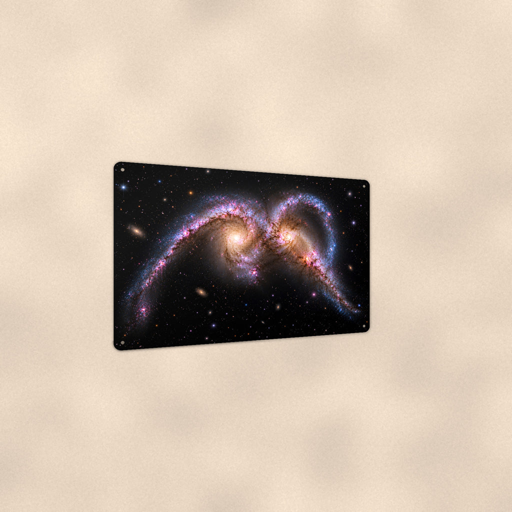 Colliding Galaxies aluminum metal sign 12" x 8" - angled view showing glossy finish