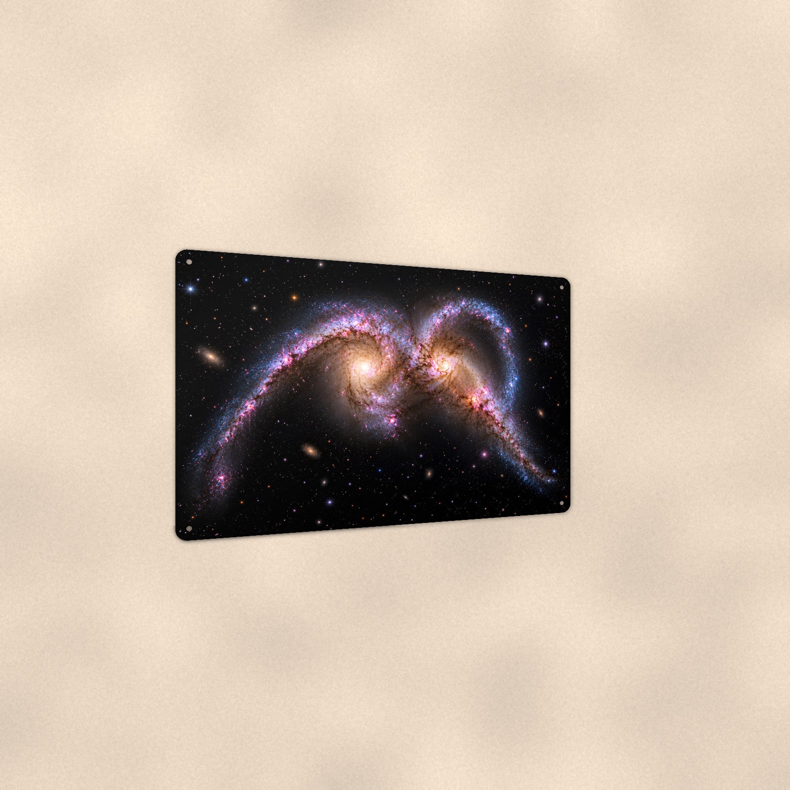 Colliding Galaxies aluminum metal sign 12" x 8" - angled view showing glossy finish