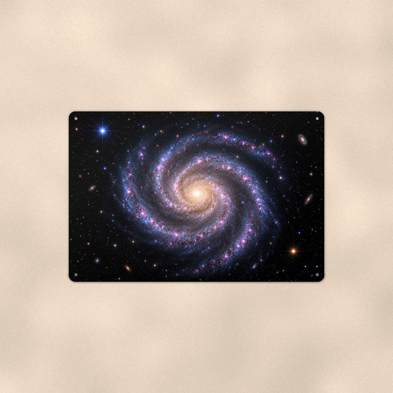Classic Spiral Galaxy aluminum metal sign 12" x 8" - front view on warm wall
